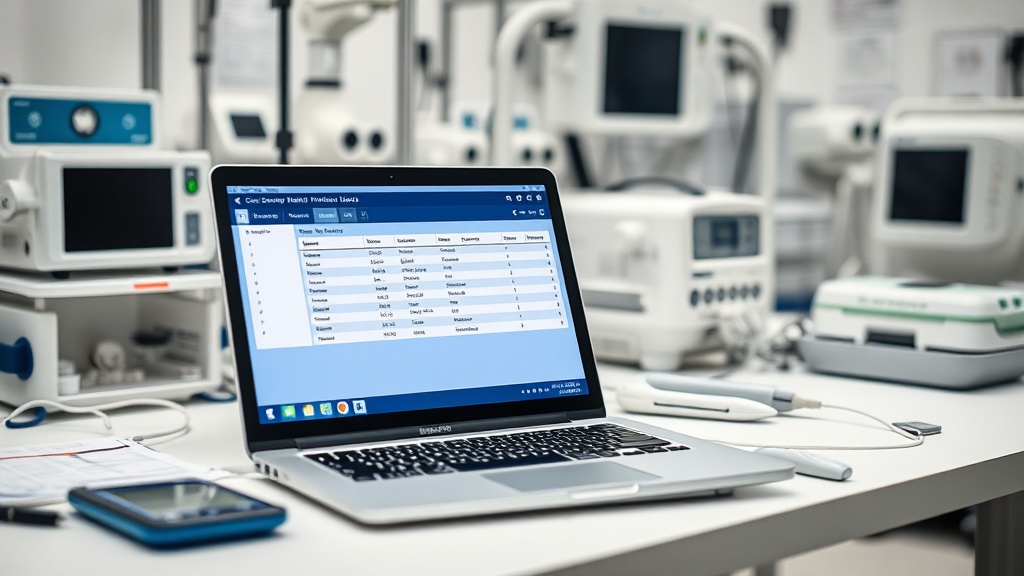 Ein organisierter Schreibtisch mit einem Laptop, der eine Software zur Verfolgung von Geräthistorien zeigt.