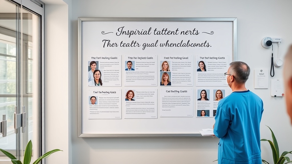 Eine Inspirationswand in einer Arztpraxis mit Erfolgsberichten von Patienten, die ihre Gesundheitsziele erreicht haben.