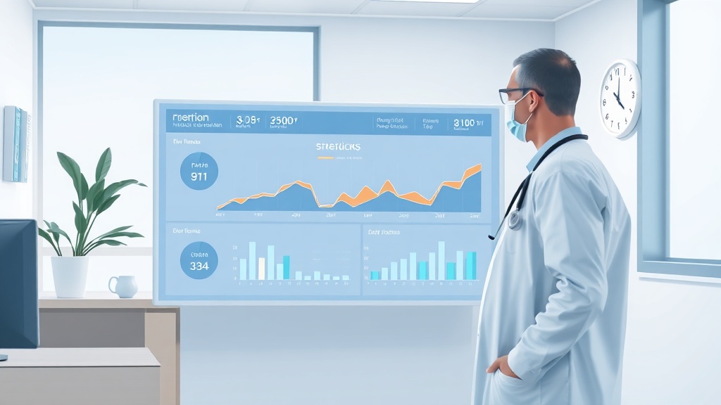 Ein digitales Dashboard in einer Arztpraxis, das Patientenerfolge und Meilensteine grafisch darstellt.