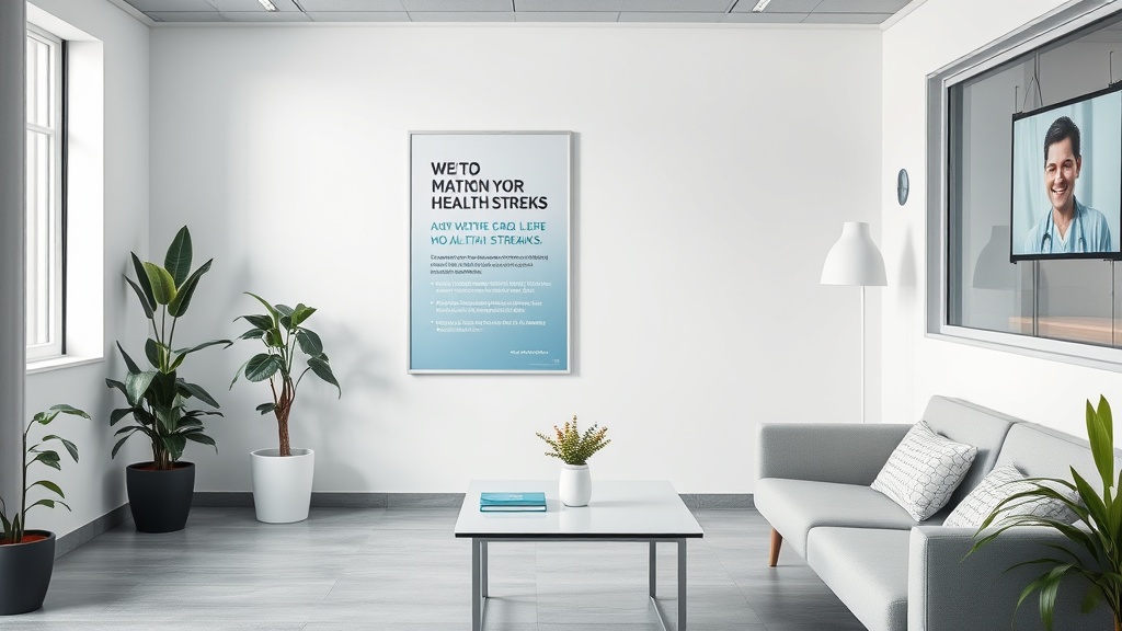 Ein einladender Warteraum in einer Arztpraxis mit einem Plakat über die Vorteile von Gesundheitsstreaks.
