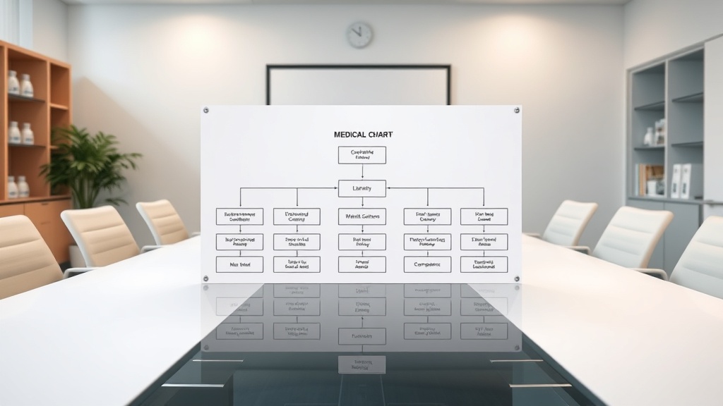 Ein professionelles Organigramm auf einem Konferenztisch in einer Arztpraxis, das die Klarheit der Rollen betont.