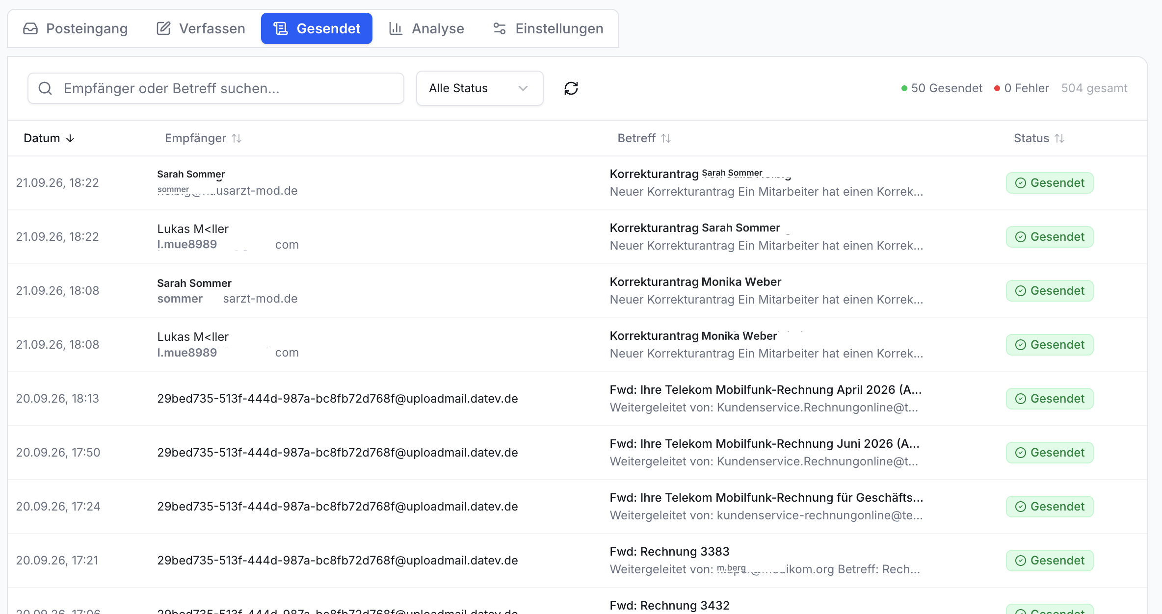 Gesendete Nachrichten in Effizienz Praxis App