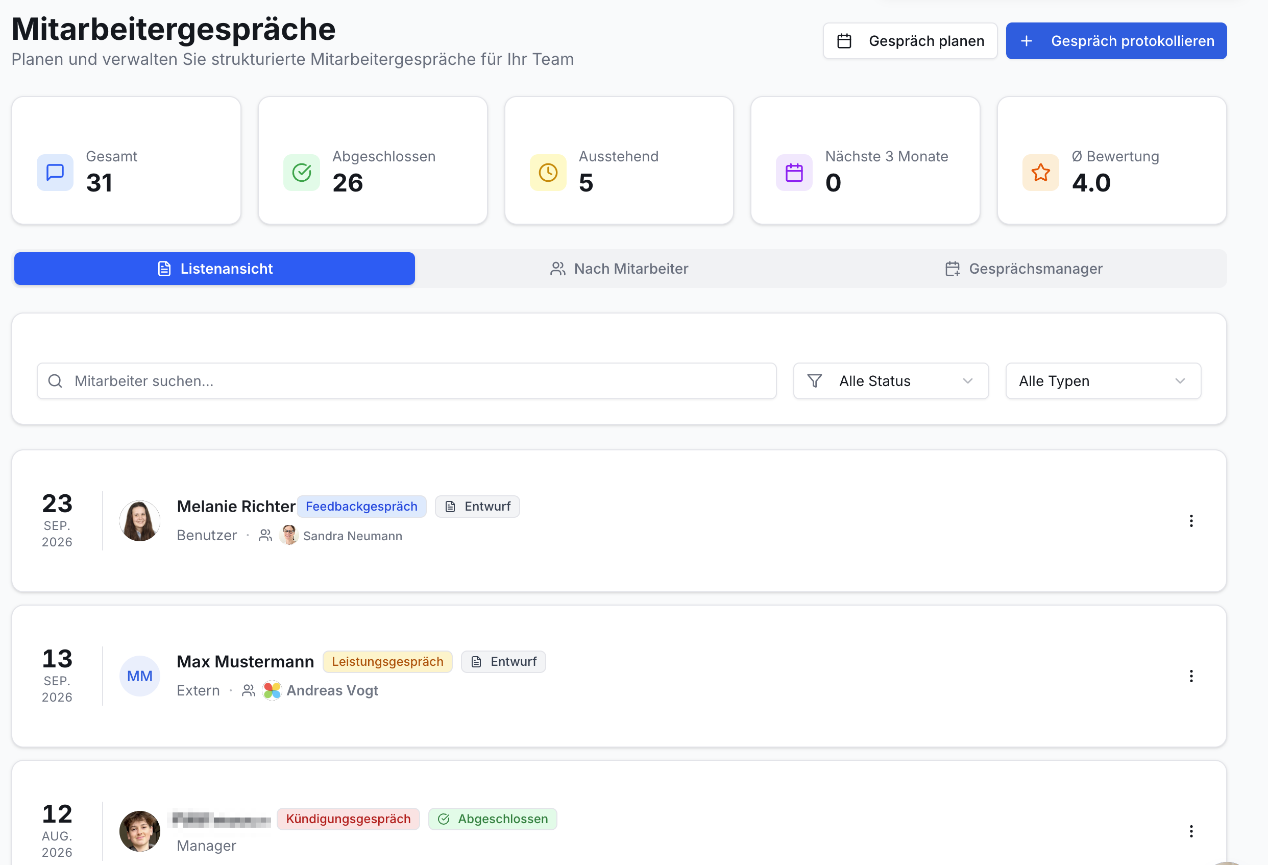 Listenansicht Mitarbeitergespräche Effizienz Praxis App