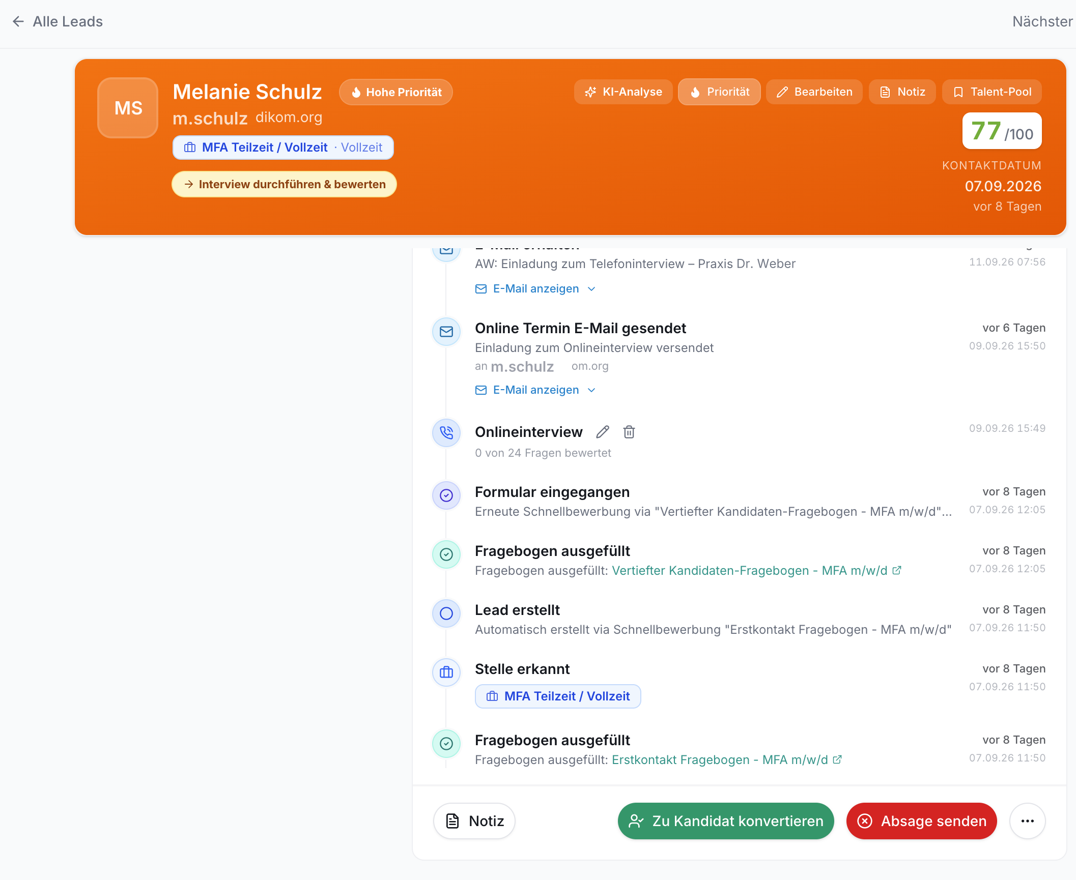 Lead Profil Ansicht mit Bewerber-Timeline