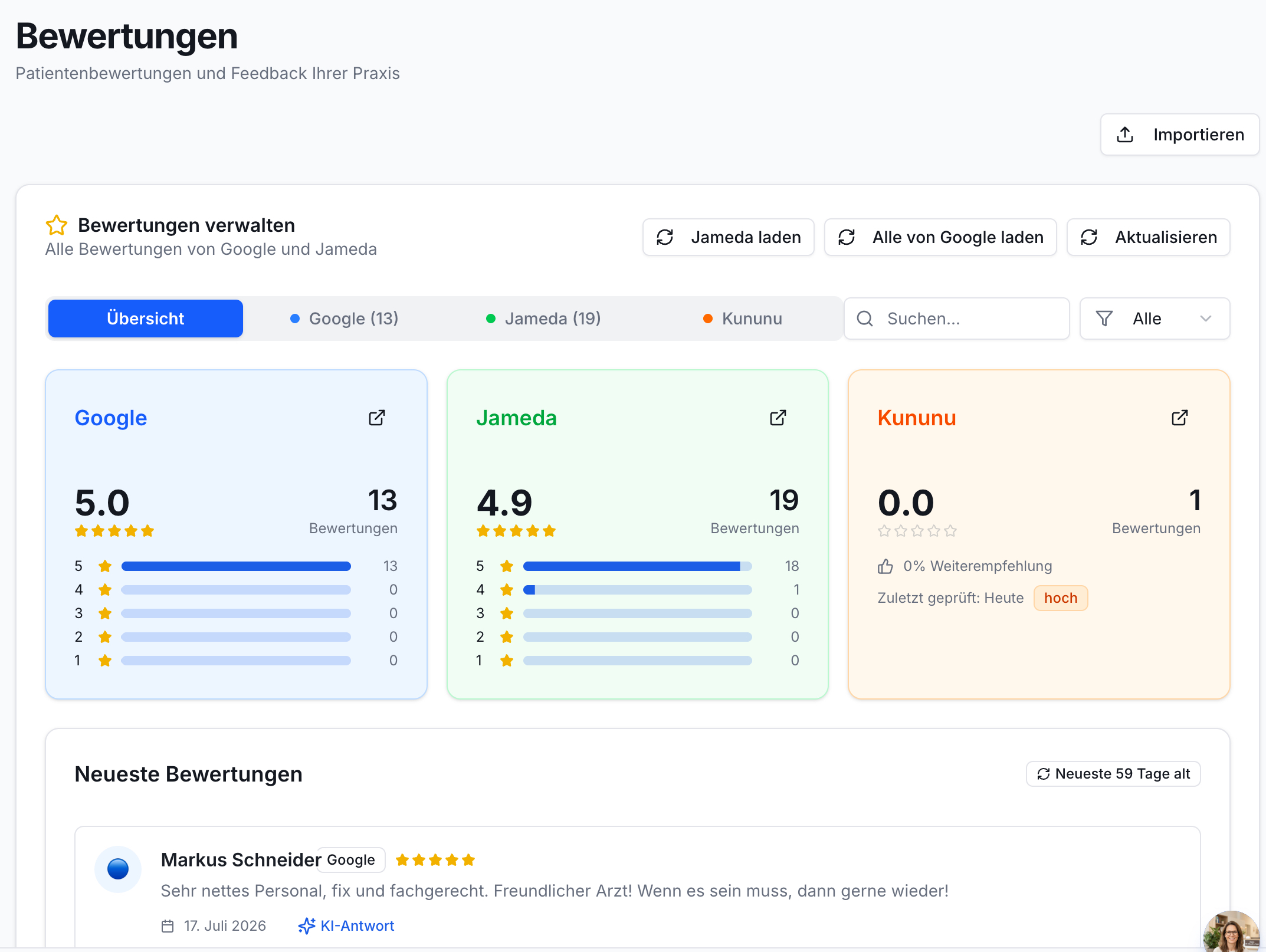 Bewertungsübersicht von Google, Jameda und Kununu