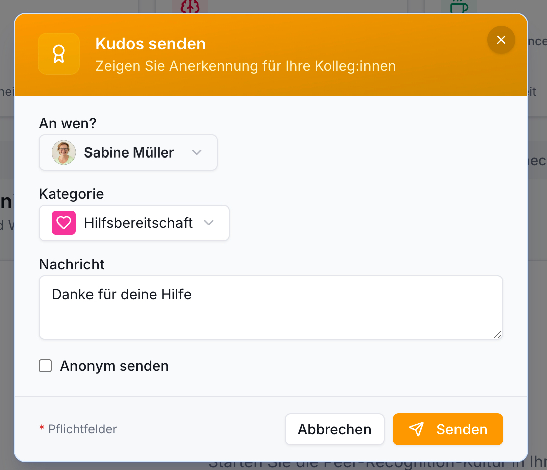 Kollegen Anerkennung in Praxis-App: Kudos senden