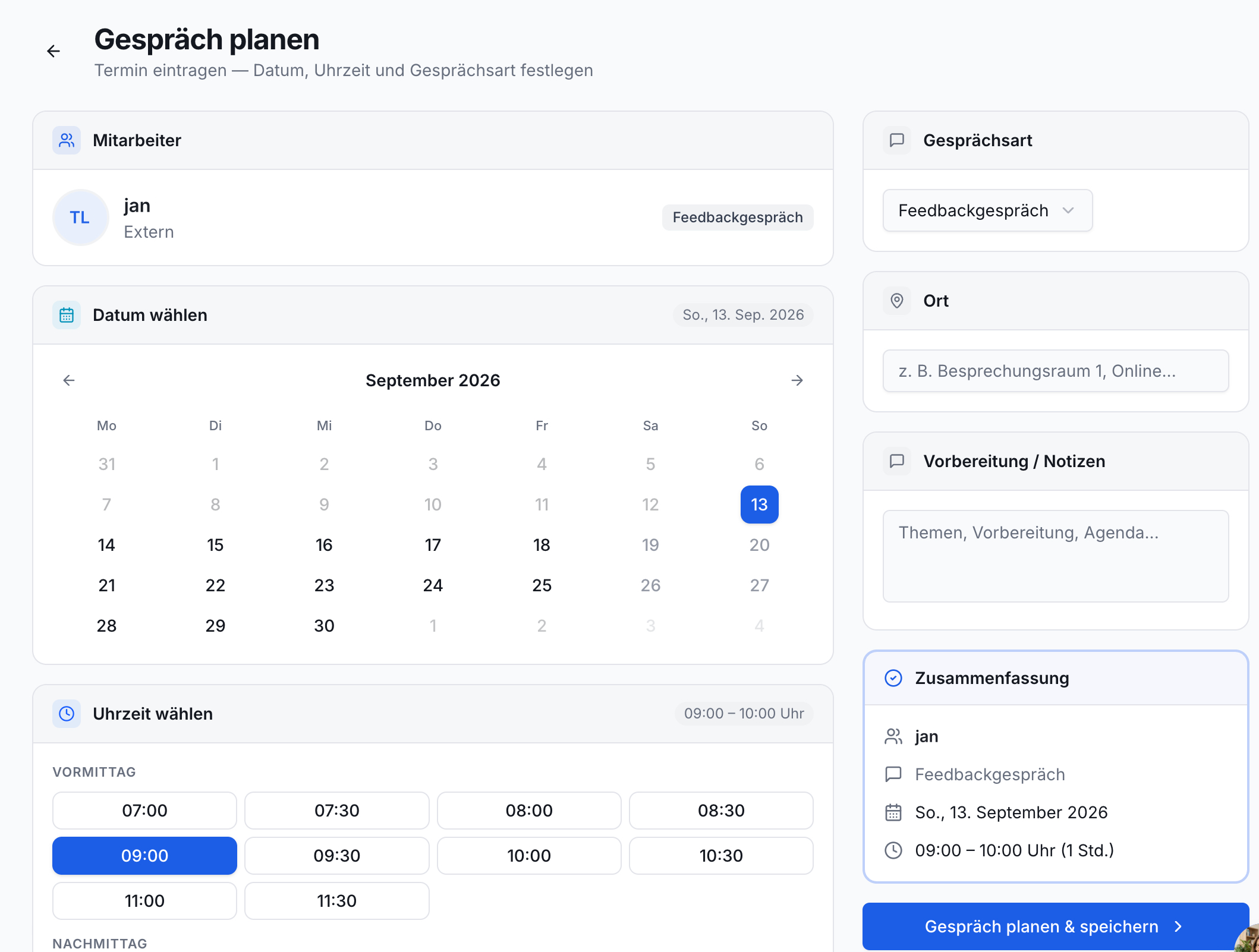 Mitarbeitergespräch planen: Termin, Ort, Notizen in Praxis-App
