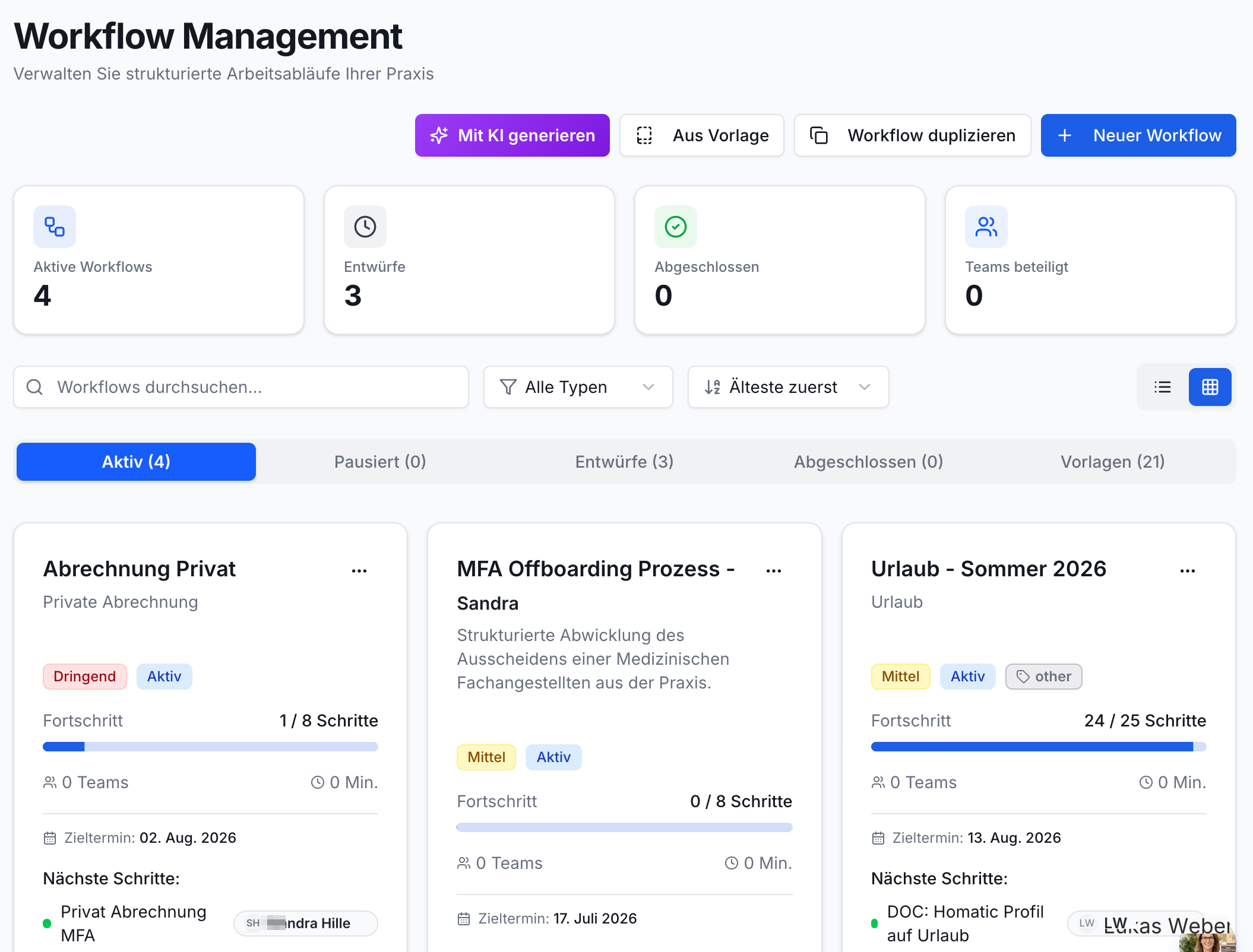 Aktive Workflows Übersicht der Effizienz Praxis App