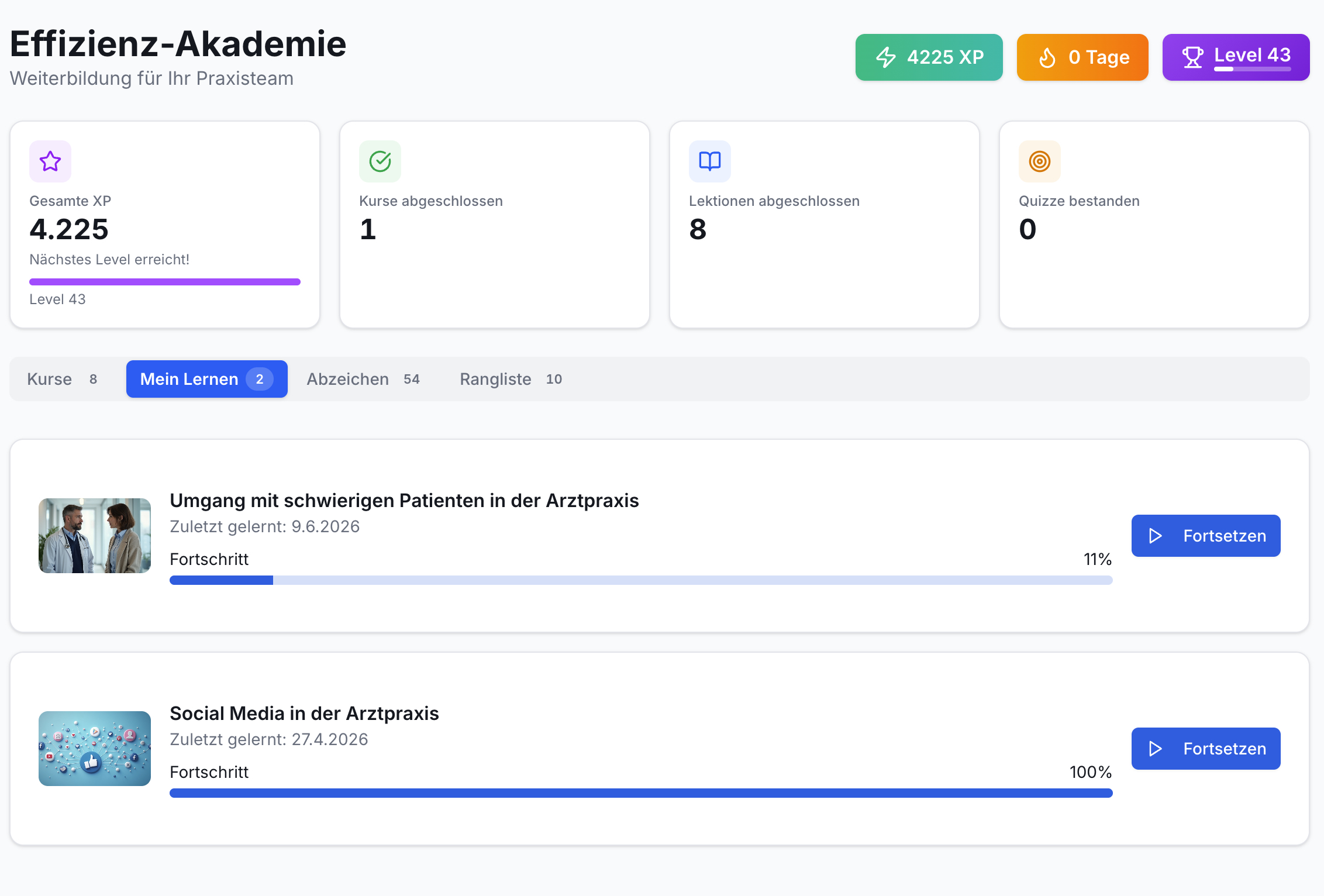 Effizienz-Akademie Mein Lernen. Kacheln: XP, Kurse, Lektionen. Zwei Kurse mit Fortschritt (11%, 100%) und Fortsetzen-Buttons.