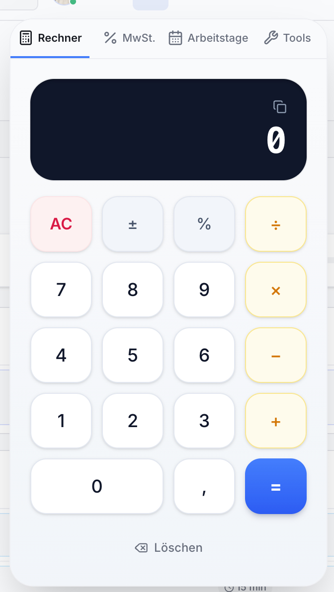 Digitaler Taschenrechner mit hellem Design, dunklem Display und Ziffer 0. Tasten 0-9, Rechenoperationen, AC, % und Gleichzeichen. Löschen-Button sichtbar.
