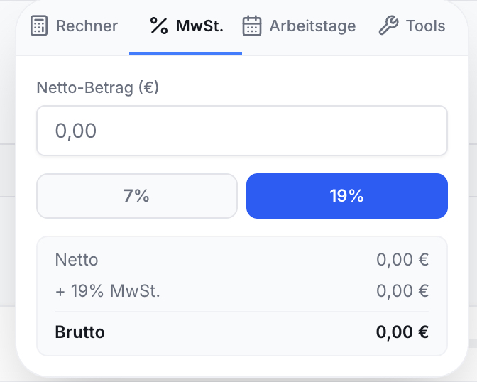 Ein Ausschnitt der Effizienz Praxis App zeigt den MwSt.-Rechner. Ein Eingabefeld für den Netto-Betrag, zwei Buttons für 7% und 19% MwSt., sowie die Ausgaben für Netto, MwSt. und Brutto sind sichtbar.