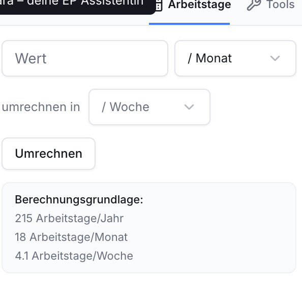 Screenshot des Arbeitstage-Umrechners mit Eingabefeldern für Wert und Einheit, Umrechnen-Button und Berechnungsgrundlagen.