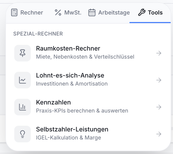 Screenshot der Praxis-App: Menü Tools. Spezial-Rechner für Raumkosten, Investitionen, KPIs, IGEL. Liste mit Icons.