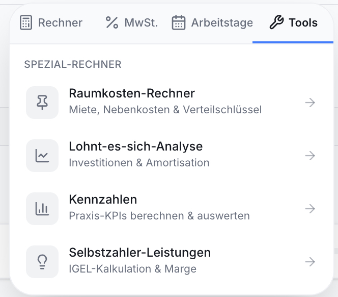 Screenshot Effizienz Praxis App: Tools-Menü zeigt Spezial-Rechner-Liste mit Icons für Raumkosten, Investitionen, Kennzahlen und IGEL.