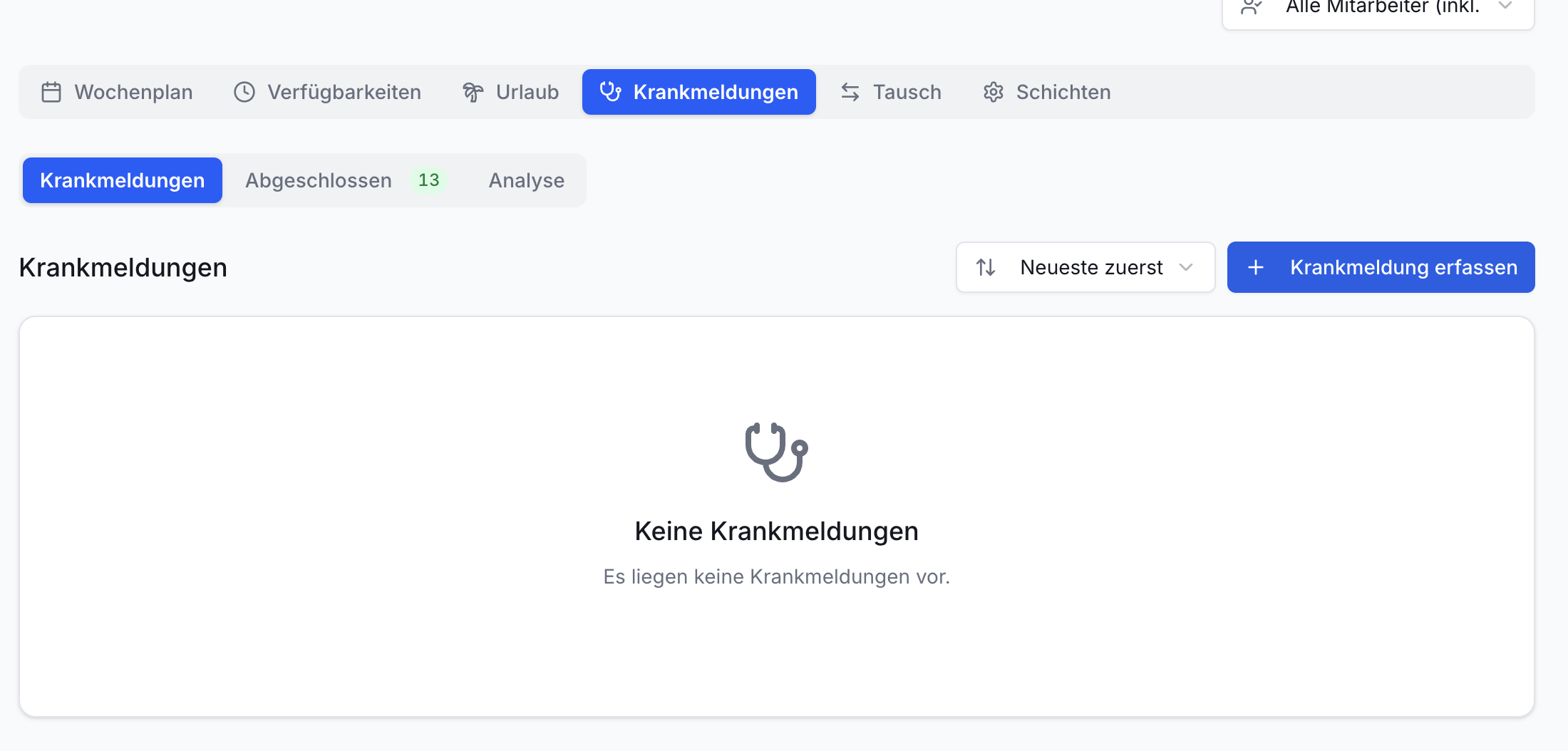 Krankmeldungsansicht App. Tabs Krankmeldungen, Abgeschlossen (13). Button 'Krankmeldung erfassen'. Leere Liste, Stethoskop.