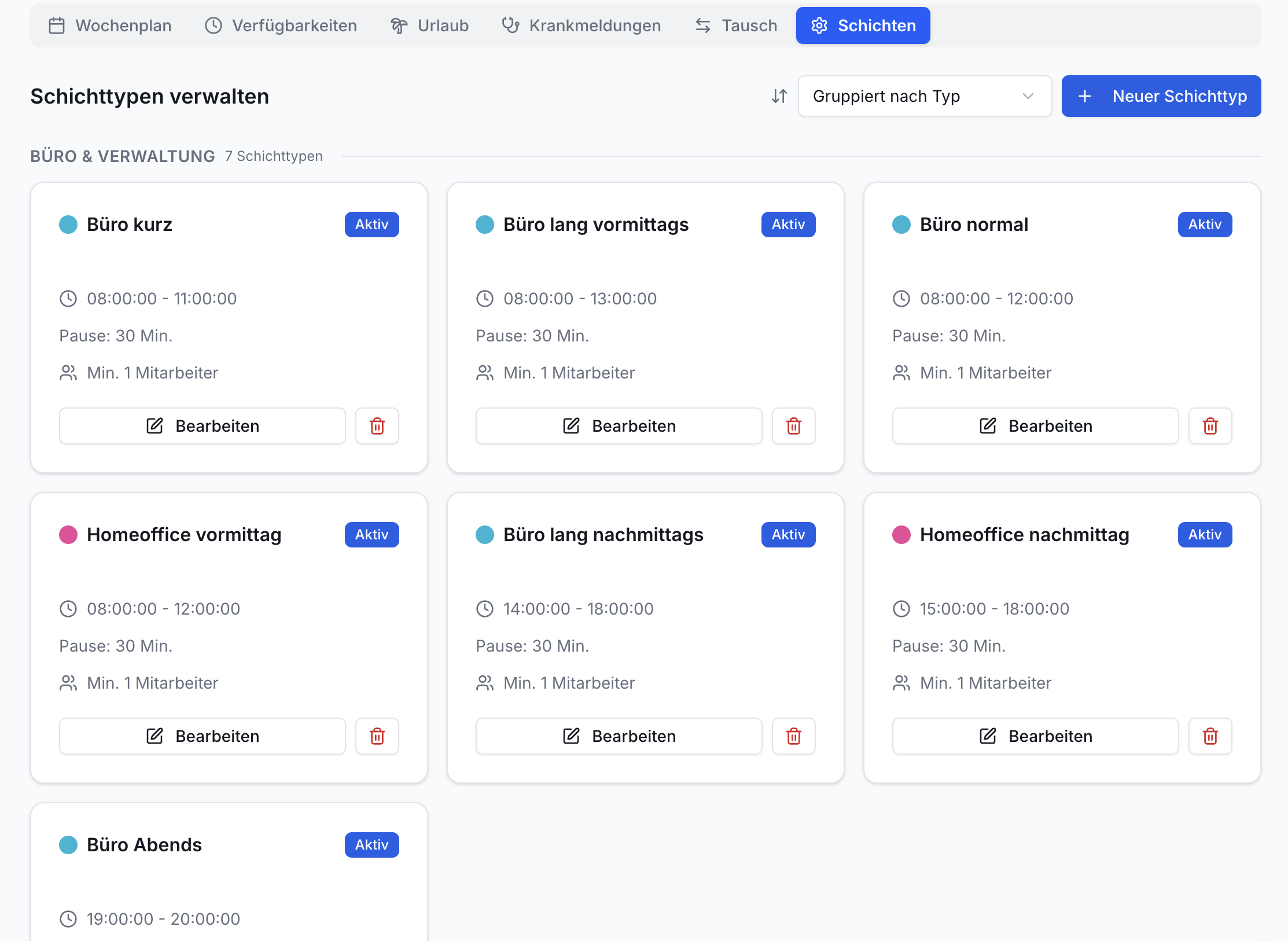 Schichttypen-Verwaltungsansicht mit editierbaren Karten: Namen, Arbeitszeiten, Pausen, Personalbedarf. Bearbeiten/Löschen-Buttons und Neuer Schichttyp Button.