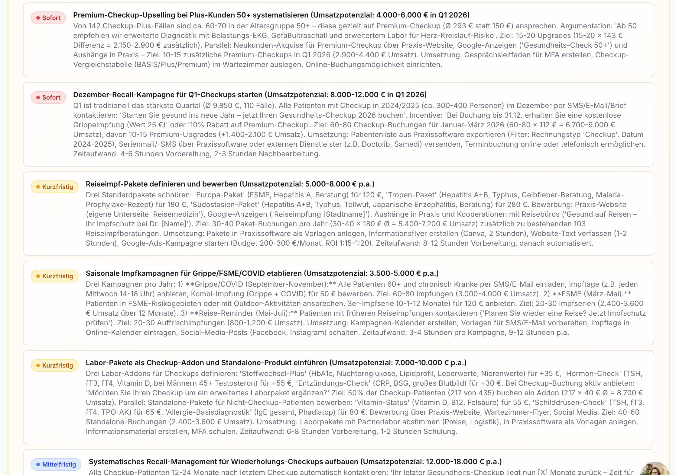 Screenshot der App Effizienz Praxis: Liste mit sechs Strategien für Selbstzahlerleistungen, inkl. Umsatzpotenzial und Status (Sofort, Kurzfristig, Mittelfristig).