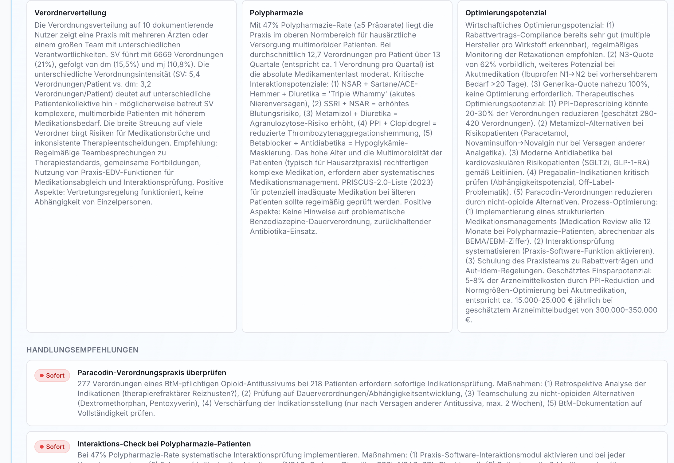 Screenshot der Verordnungen-Übersicht. Zeigt Textfelder für Verordnerverteilung, Polypharmazie, Optimierungspotenzial. Darunter Handlungsempfehlungen mit Aufzählungen.