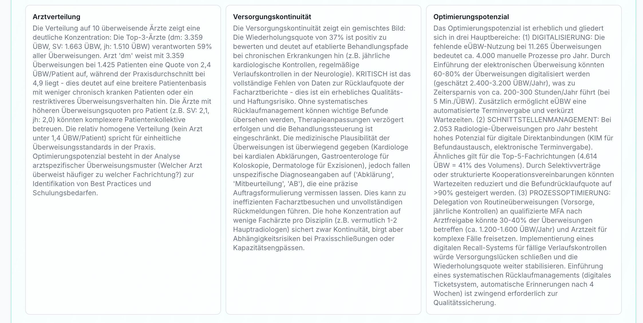 Textfelder Arztverteilung, Versorgungskontinuität und Optimierungspotenzial mit Analysen zu Überweisungen und Prozessen.