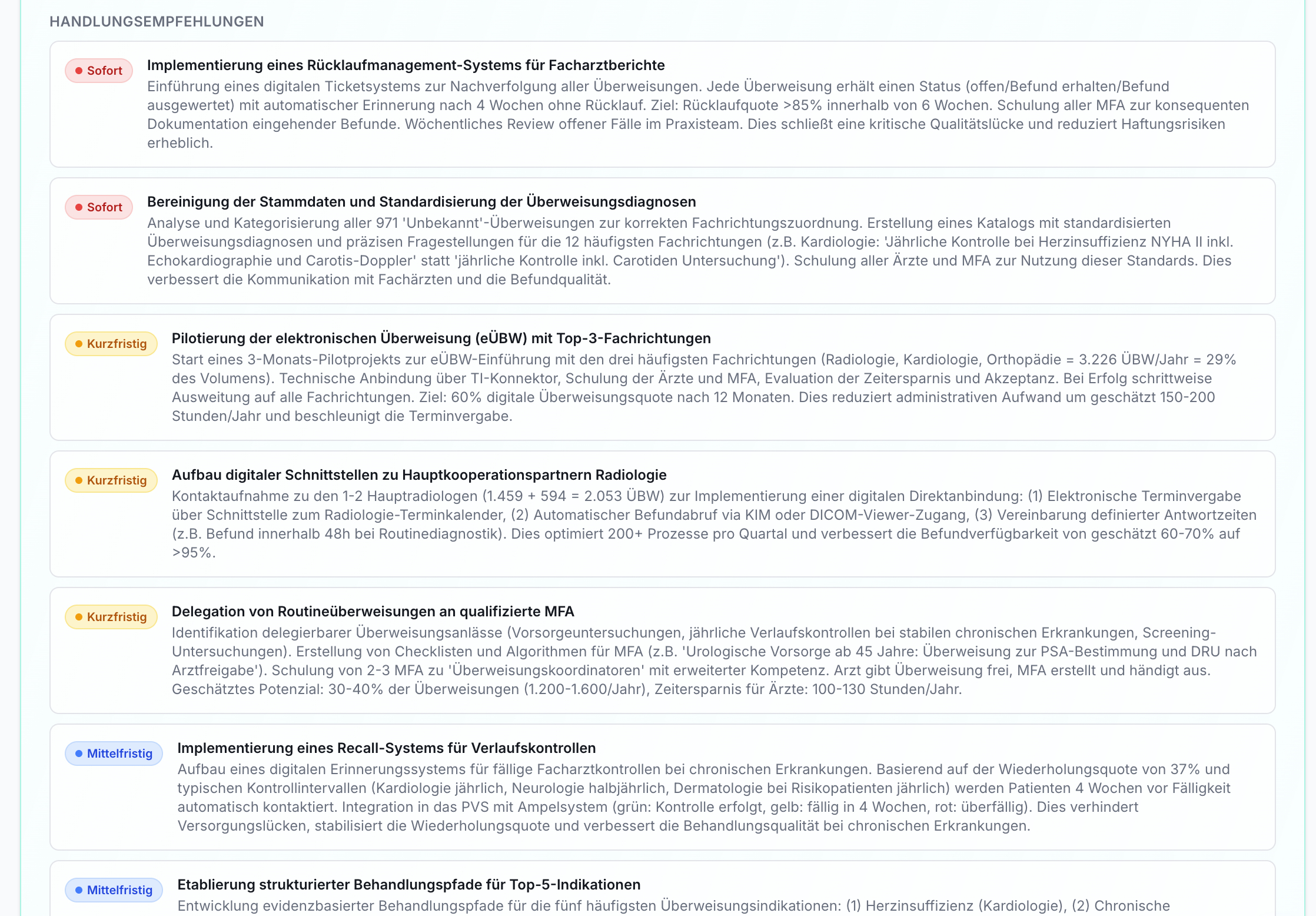 Liste von Handlungsempfehlungen zur Optimierung von Überweisungen, kategorisiert nach 'Sofort', 'Kurzfristig' und 'Mittelfristig'.