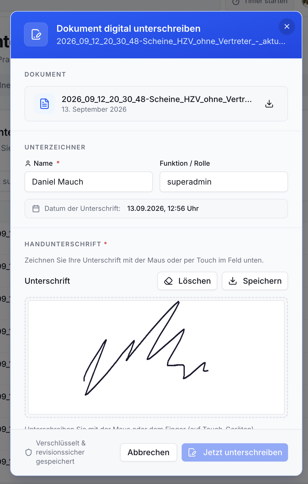 Dialog zum digitalen Unterschreiben von Dokumenten. Felder für Dokumentname, Unterzeichner Daniel Mauch, Datum, Unterschriftenfeld und Buttons.