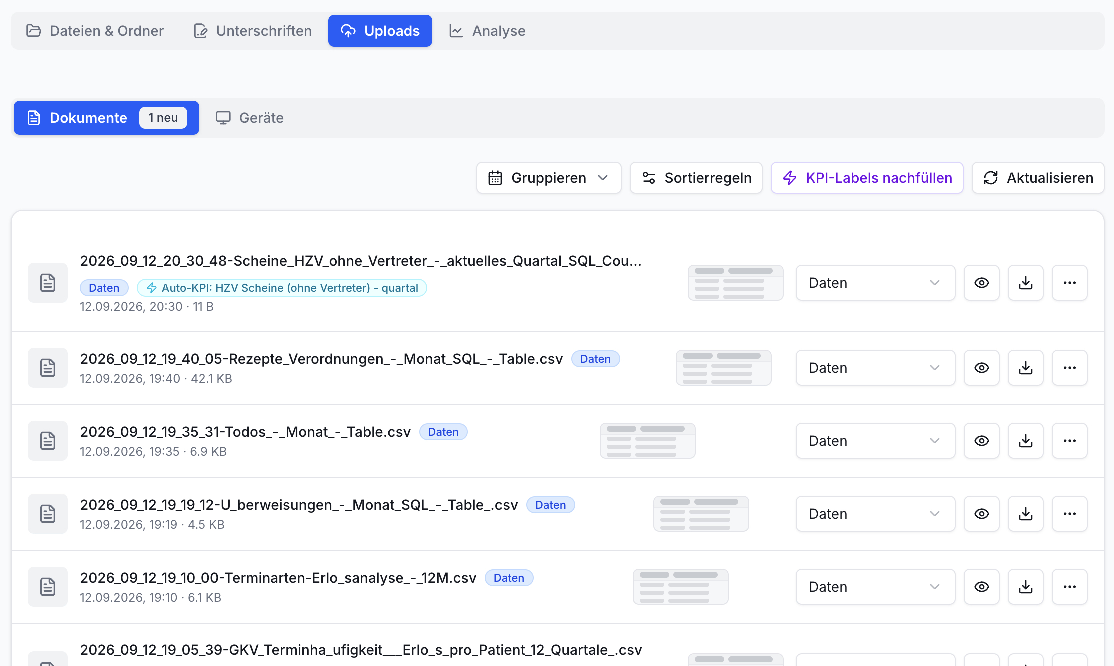 Uploads-Ansicht der Praxissoftware: Dateiliste mit Namen, Datum, Größe, Labels. Buttons: Ansehen, Download, Optionen.