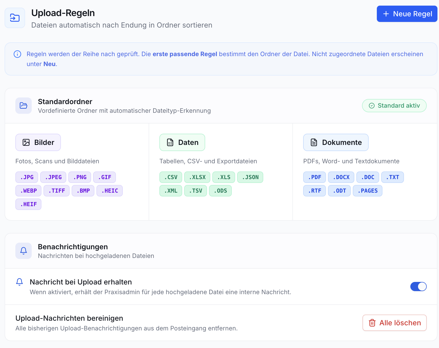 Bildschirmansicht der Upload-Regeln: Standardordner mit Dateitypen (Bilder, Daten, Dokumente) und Benachrichtigungseinstellungen. 'Neue Regel' Knopf oben rechts.