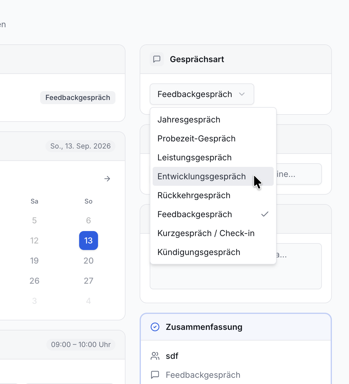 Screenshot der App Effizienz Praxis: Offenes Dropdown-Menü Gesprächsart mit Auswahl Entwicklungsgespräch, daneben Kalender 13. Sep. 2026.