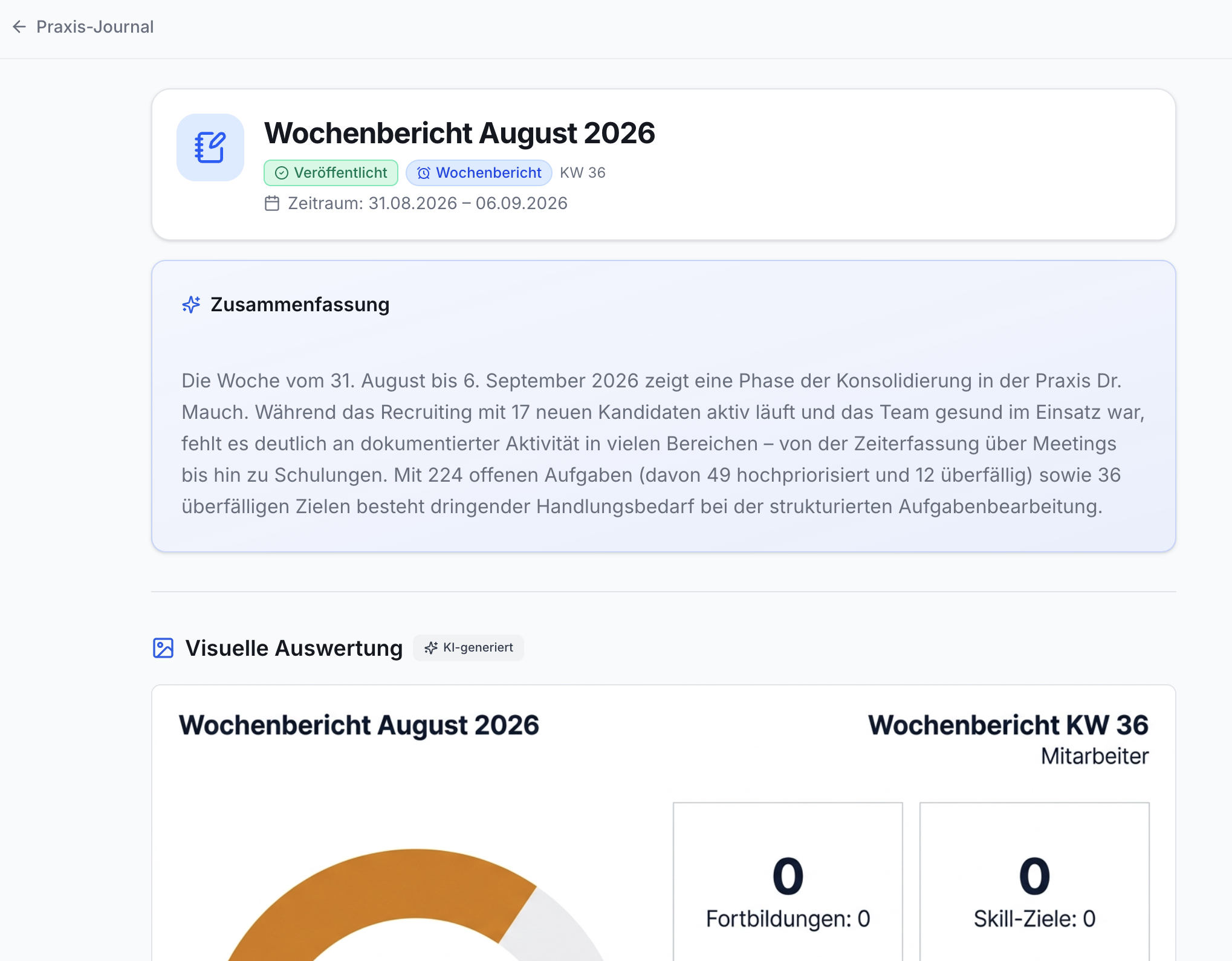 App Praxis-Journal. Wochenbericht Aug 2026. Textzusammenfassung: Aufgaben, Ziele. KI-Auswertung: Kreisdiagramm, 0 Fortbildungen, 0 Skill-Ziele.