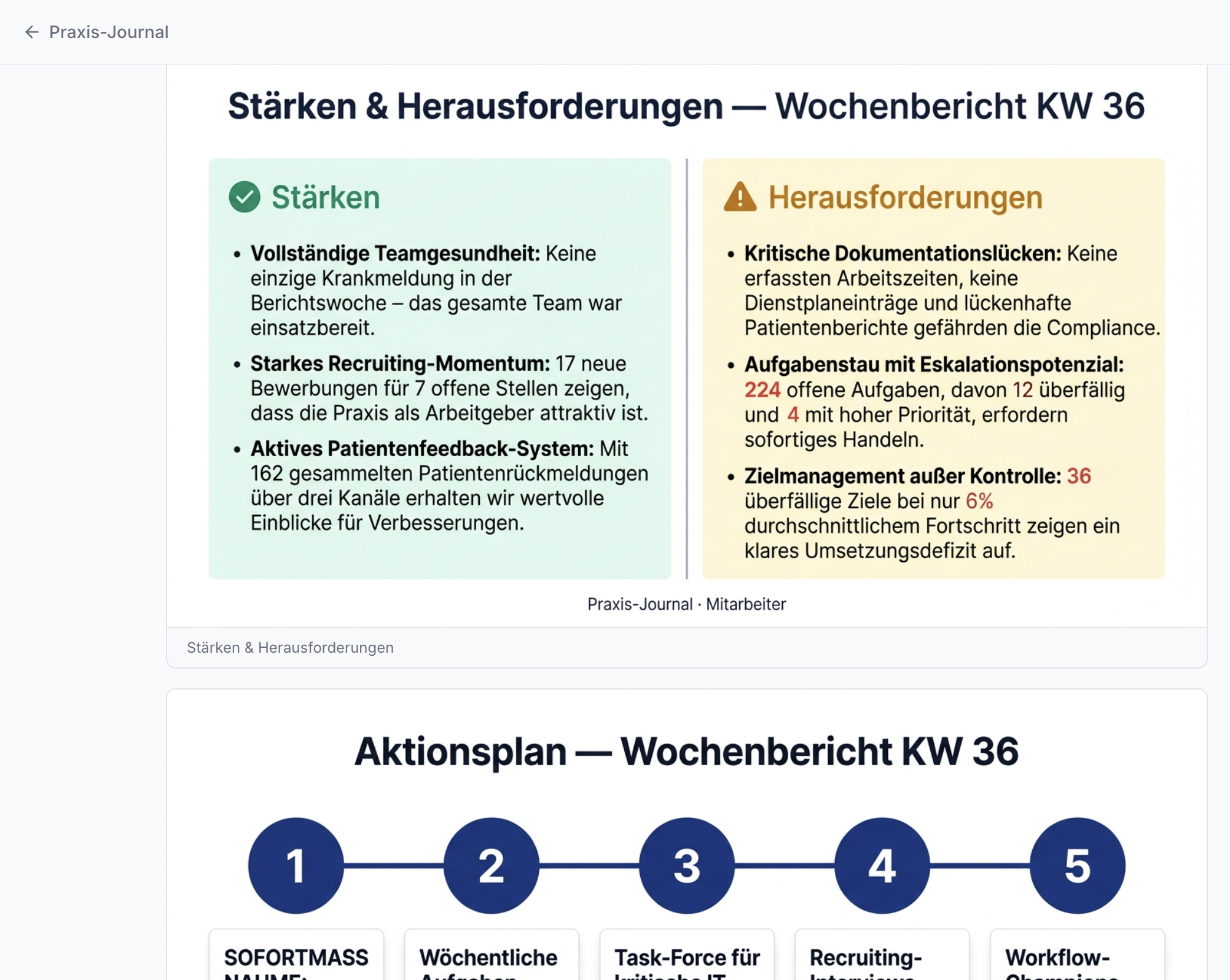 Wochenbericht KW 36: Stärken (Teamgesundheit, Recruiting, Feedback) und Herausforderungen (Doku-Lücken, 224 Aufgabenstau). Fünf-Schritte-Aktionsplan.