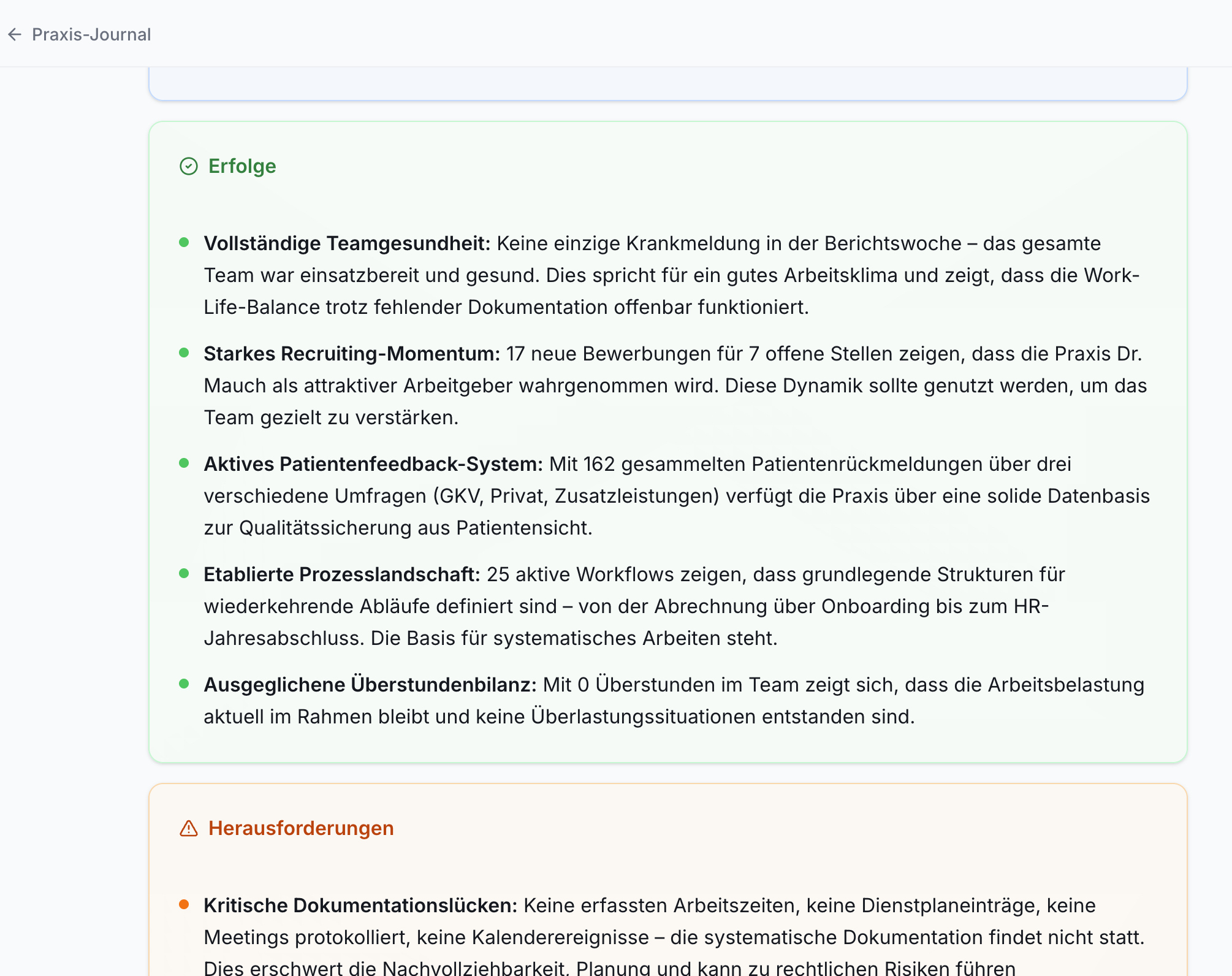 Screenshot des Praxis-Journals. Zwei Boxen zeigen Erfolge (5 Punkte wie 17 Bewerbungen, 162 Patientenfeedbacks, 0 Überstunden) und Herausforderungen (Dokumentationslücken).