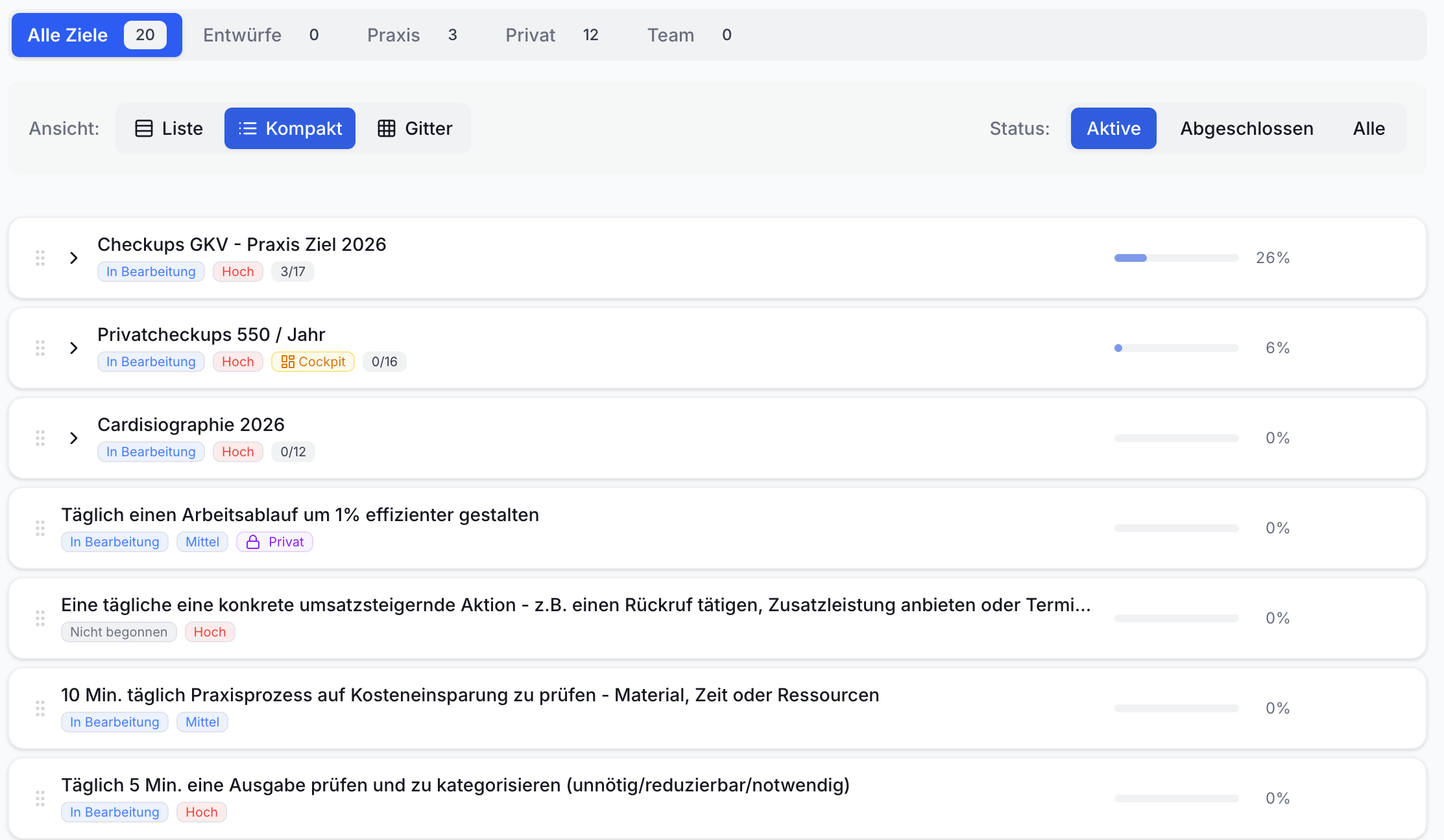 Screenshot der Effizienz Praxis App. Kompakte Liste von 7 aktiven Zielen mit Filtern, Status, Fortschrittsbalken und Prozentangaben.