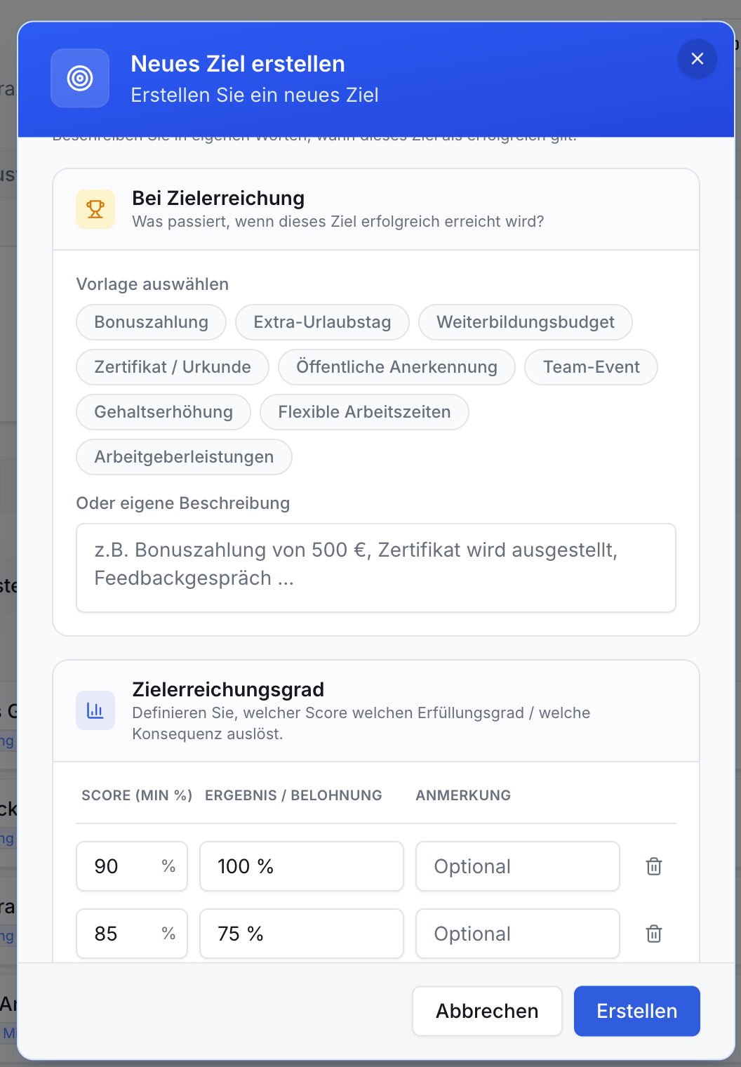 Dialog Neues Ziel erstellen. Anzeige für Belohnungen: Vorlagen (Bonuszahlung, Urlaub), Freitext. Tabelle Zielerreichungsgrad mit Scores (90%, 85%) und Ergebnissen.