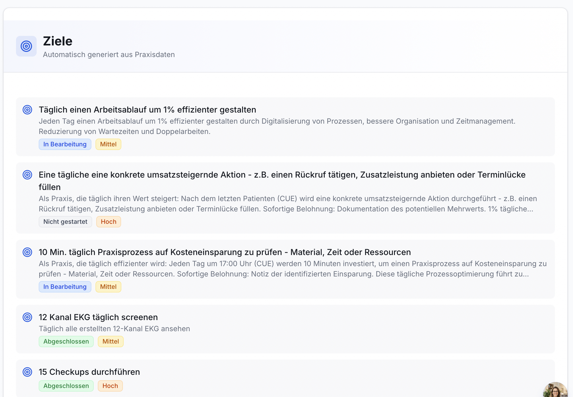 Screenshot der Ziele-Übersicht: Eine Liste von fünf automatischen Praxiszielen mit Beschreibung und farbigen Status- wie Prioritäts-Labels.
