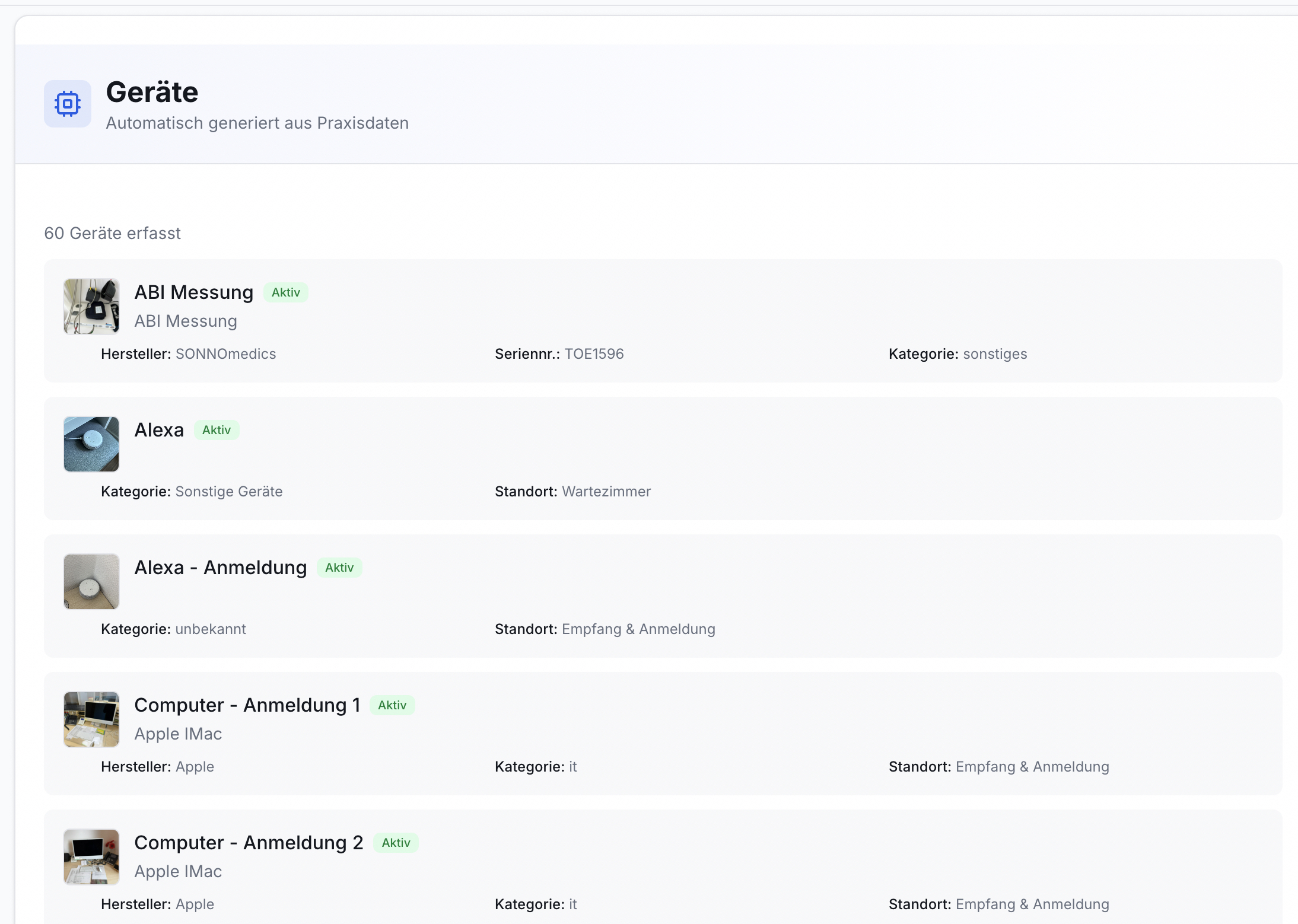 Geräteübersicht: Liste mit 5 aktiven Praxisgeräten (ABI Messung, Alexa, Computer). Zeigt Hersteller, Seriennr., Kategorie, Standort. Oben: 60 Geräte erfasst.