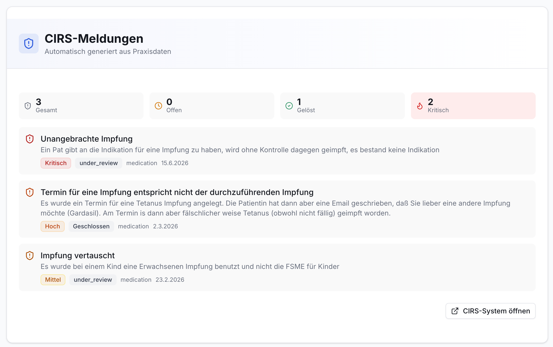 CIRS-Meldungen. Statistik 3 gesamt, 2 kritisch. Liste von 3 Impffehlern (unangebracht, falsch, vertauscht) mit Details, Tags und Button.