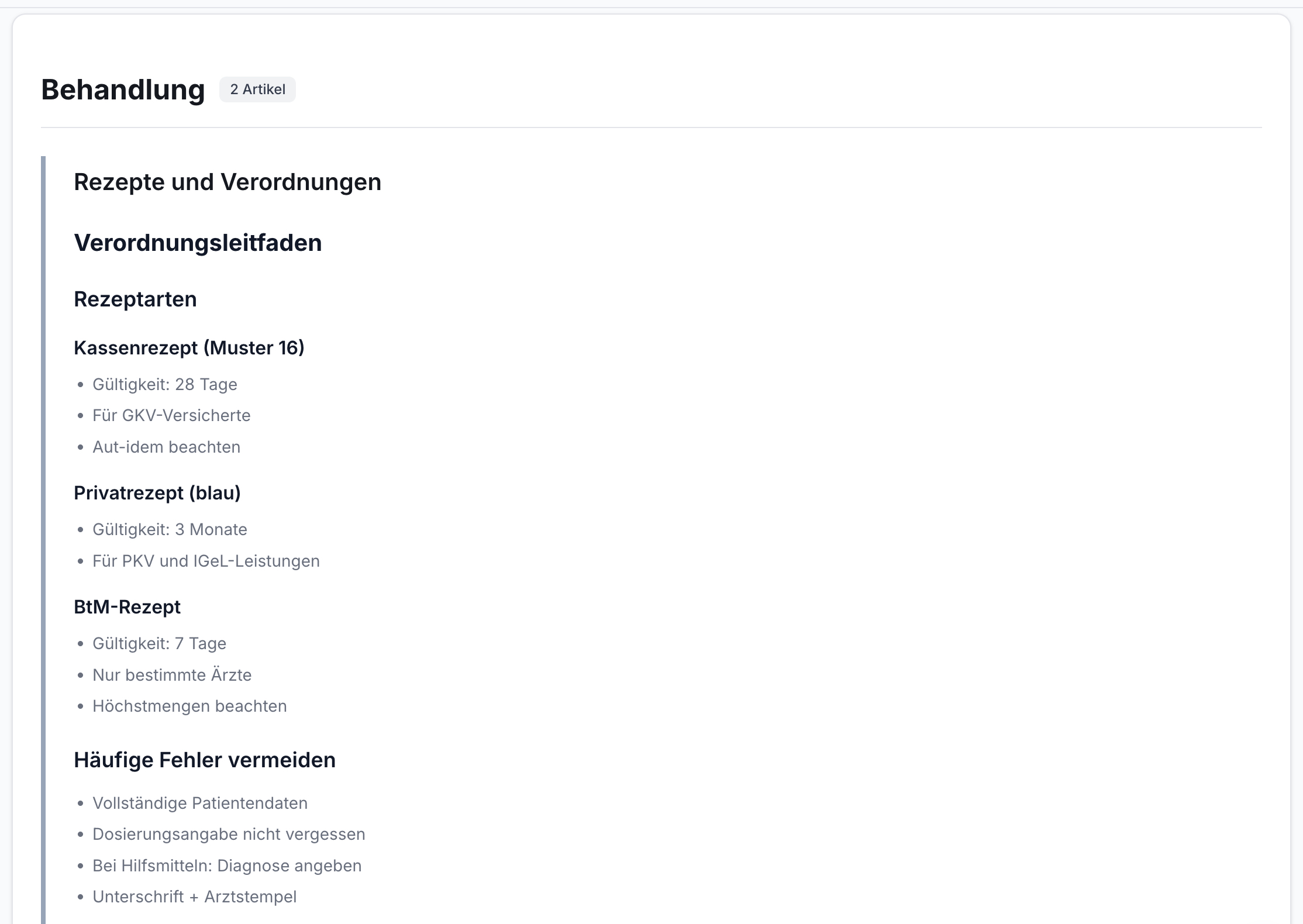 App-Bildschirm zeigt Verordnungsleitfaden für Rezepte unter Behandlung. Listen mit Infos zu Kassen-, Privat- und BtM-Rezepten sowie zur Fehlervermeidung.