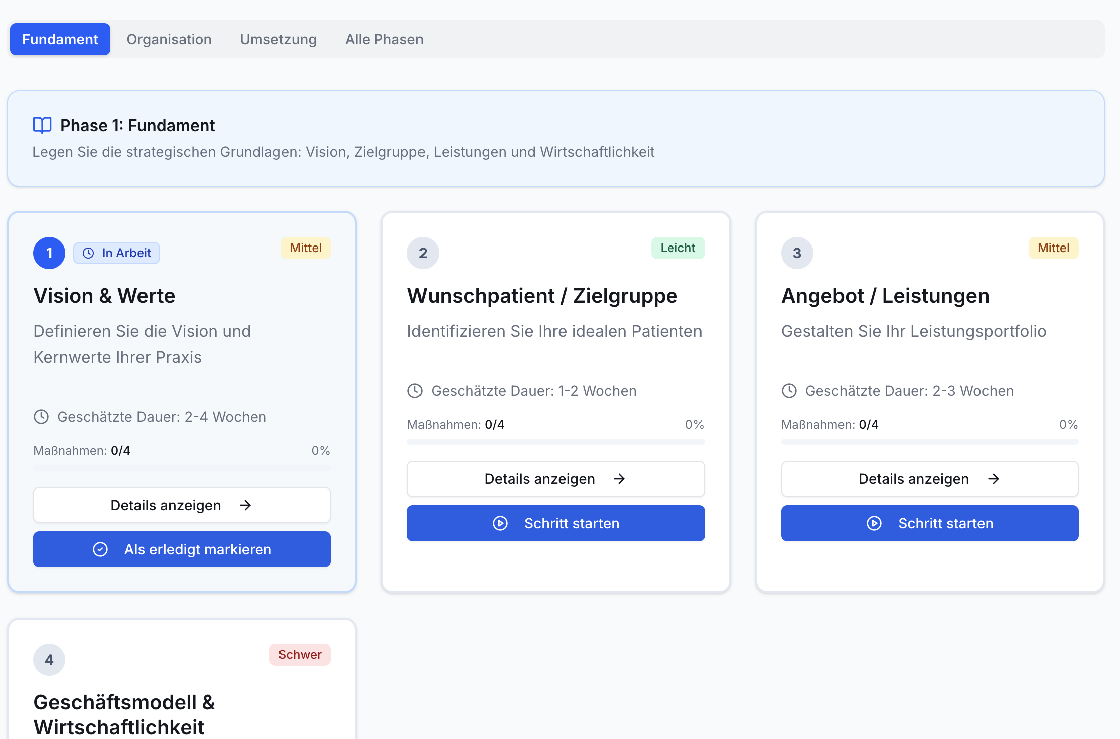 App-Ansicht Fundament: 4 Phasen-Karten für Praxisstrategie. Vision & Werte (in Arbeit), Wunschpatient, Angebot, Geschäftsmodell. Jede Karte zeigt Dauer, 0/4 Maßnahmen, Fortschritt 0%, und Buttons.