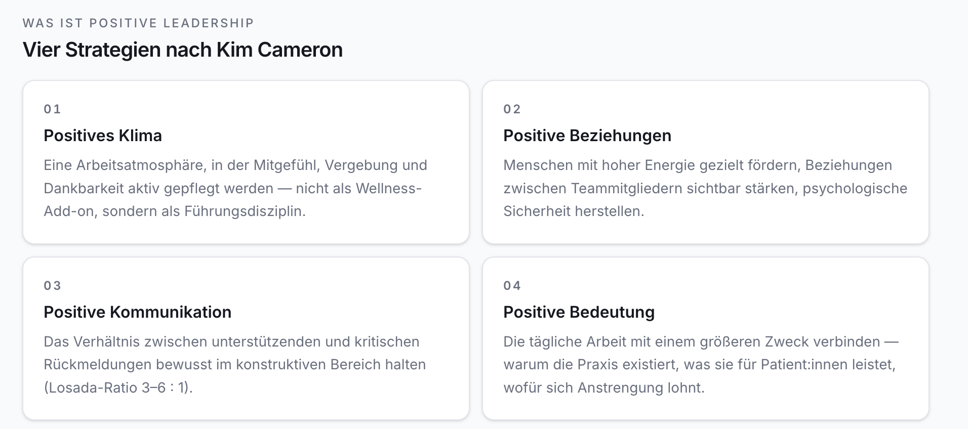 Screenshot zeigt vier nummerierte Karten zu Positive Leadership Strategien. Titel: Was ist Positive Leadership. Karten: Positives Klima, Positive Beziehungen, Positive Kommunikation, Positive Bedeutung, jeweils mit kurzer Beschreibung.