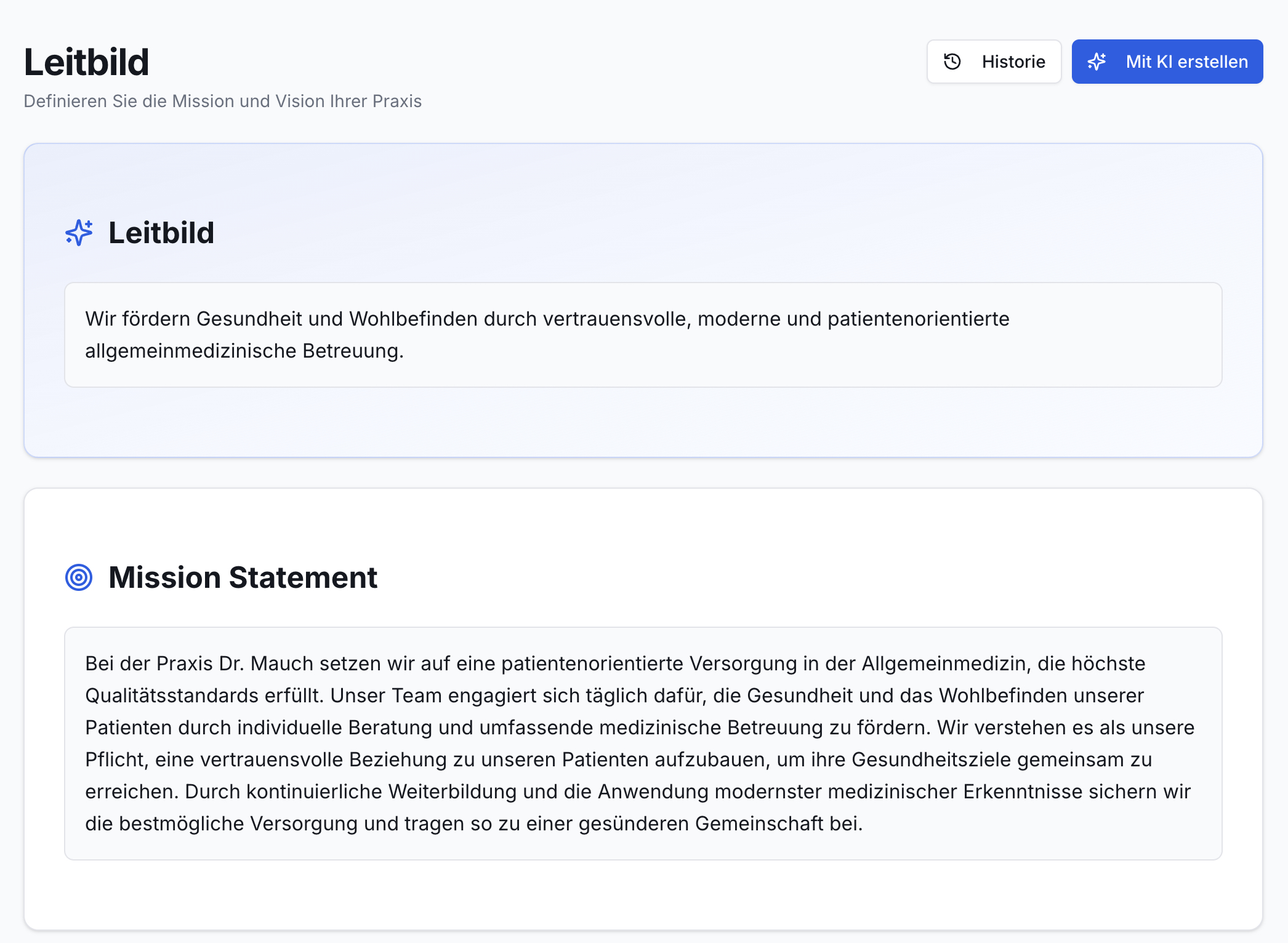 Screenshot der Effizienz Praxis App: Leitbild-Seite mit Titel, Buttons Historie und Mit KI erstellen. Zeigt zwei Textfelder für Leitbild und Mission Statement.