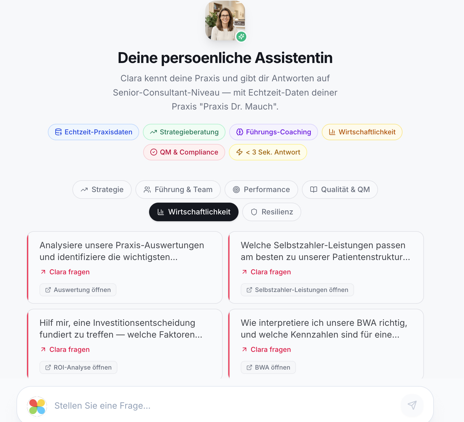 Clara KI-Assistentin. Titel, Buttons. Tab Wirtschaftlichkeit. Vier Fragen. Eingabefeld.