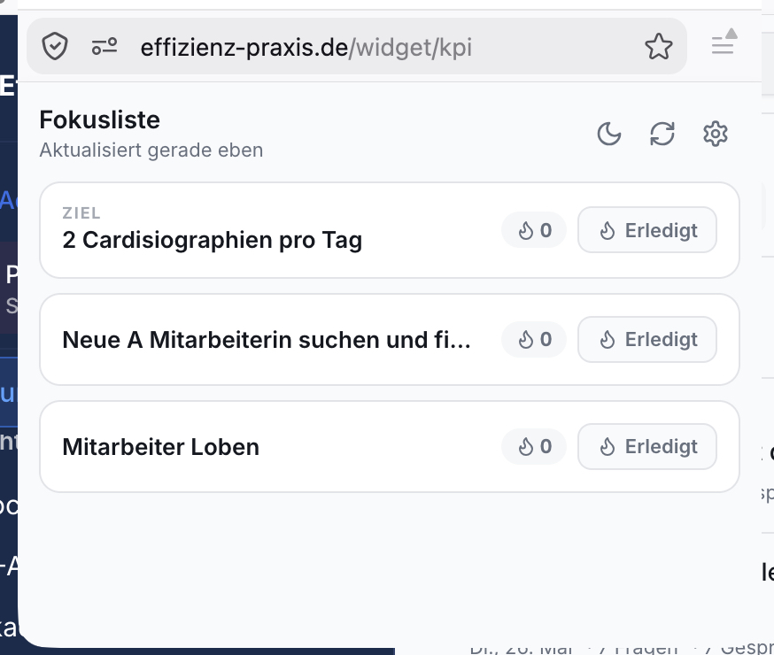 Popup-Widget Fokusliste im Browser. Drei Aufgaben mit Zählern und Erledigt-Buttons: 2 Cardisiographien, Mitarbeiter suchen, Mitarbeiter Loben.