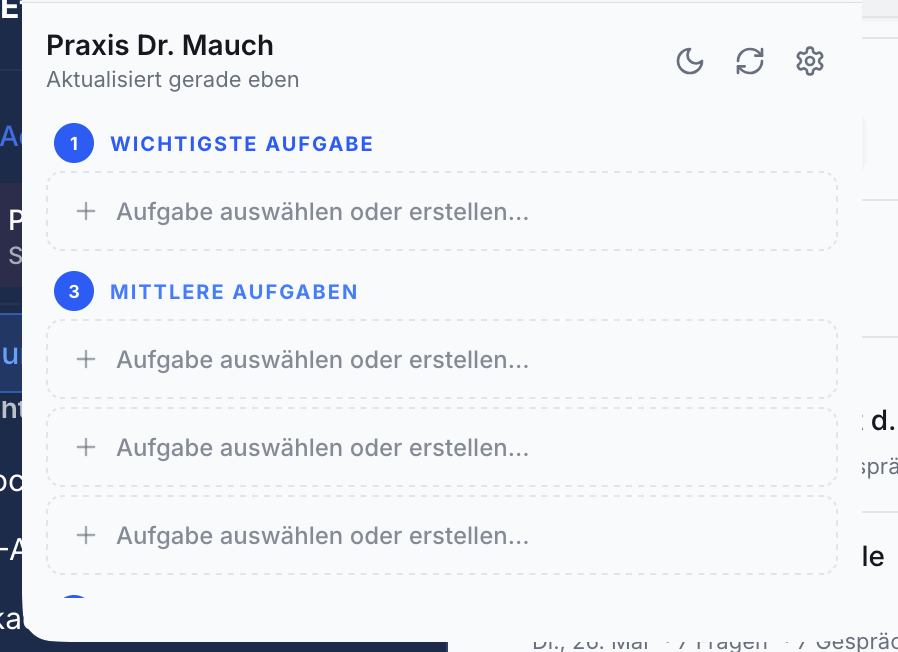 Helles Popup-Widget mit Kopfzeile Praxis Dr. Mauch. Zeigt 1 wichtigste Aufgabe und 3 mittlere Aufgaben, jeweils mit Plus-Button.