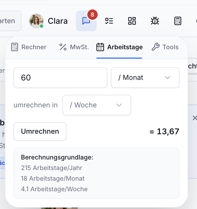 App Effizienz Praxis, Arbeitstage-Rechner. Eingabe 60/Monat, umgerechnet in /Woche ergibt 13,67. Basis: 215/Jahr, 18/Monat, 4.1/Woche.