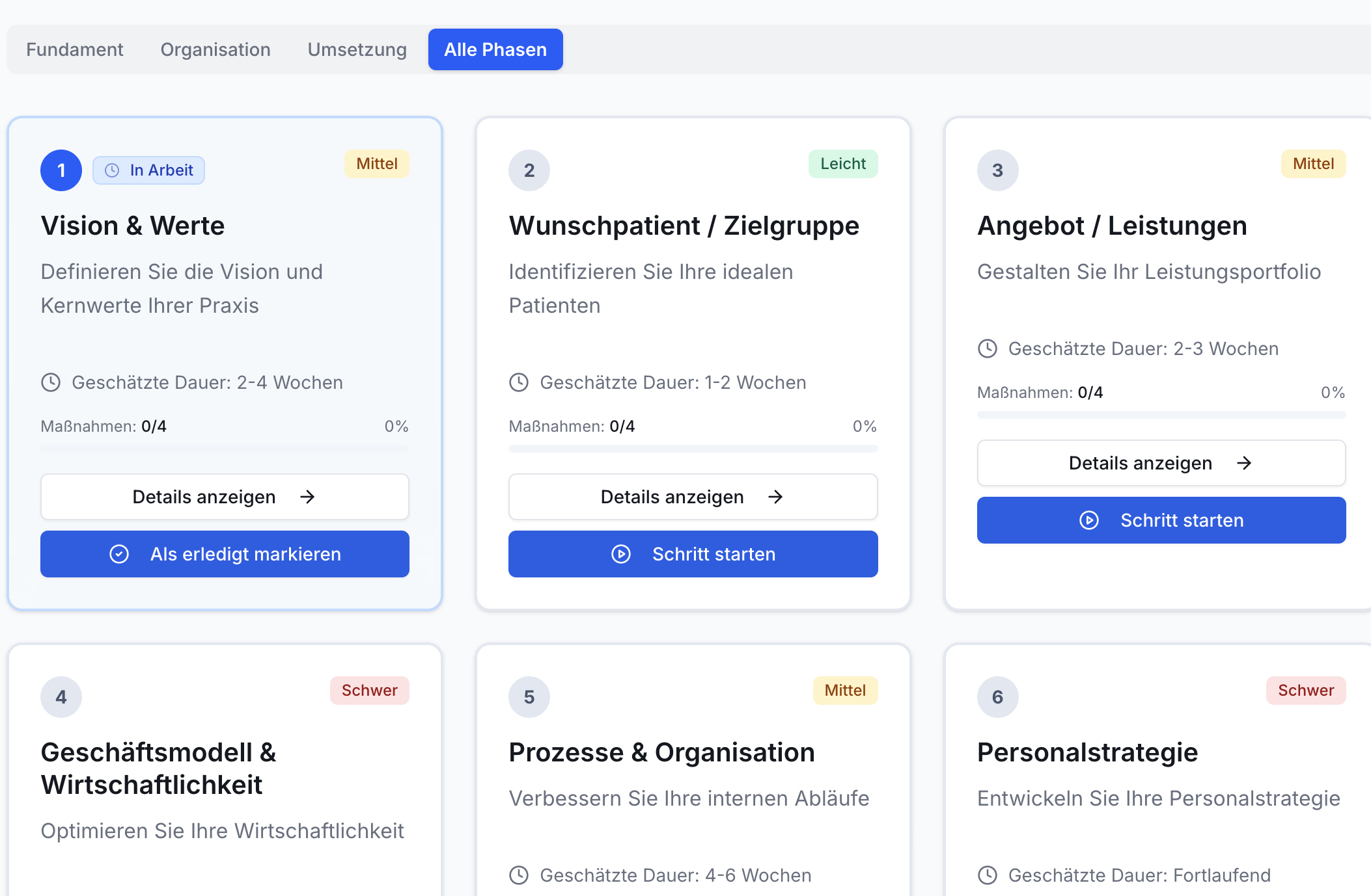 Screenshot der Effizienz Praxis App. Sechs Kacheln zeigen strategische Phasen mit Nummer, Titel, Status, geschätzter Dauer, Maßnahmen und Buttons.