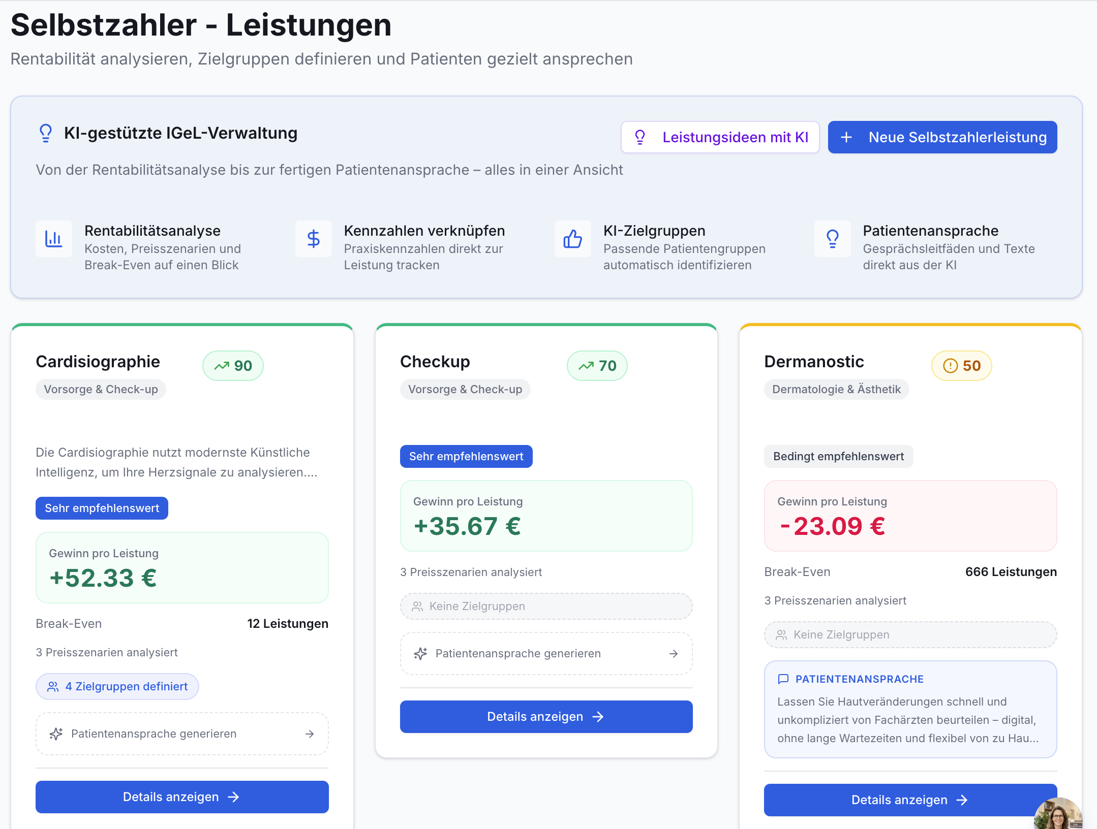 Effizienz Praxis App: Selbstzahler-Leistungen. KI-gestützte IGeL-Verwaltung. Drei Karten zeigen Gewinn, Break-Even, Empfehlungen für Cardisiographie, Checkup, Dermanostic.