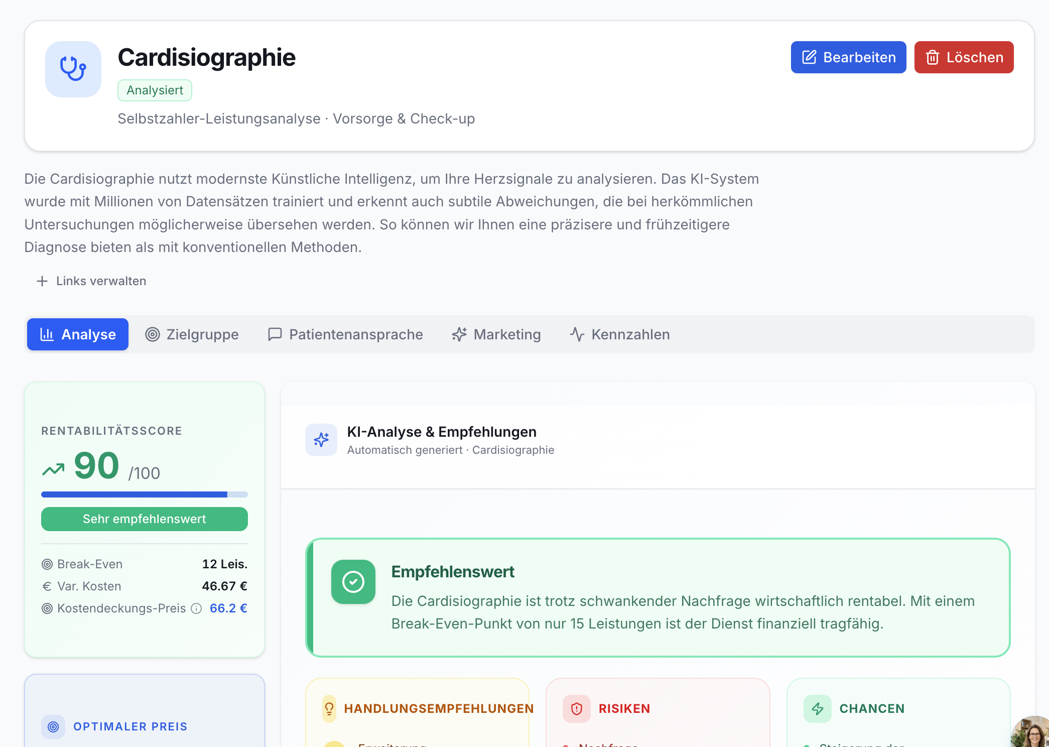 Screenshot der Cardisiographie Analyse: Rentabilitätsscore 90/100, Break-Even 12 Leistungen, variable Kosten, Kostendeckungs-Preis, KI-Analyse, Empfehlungen und Tabs.