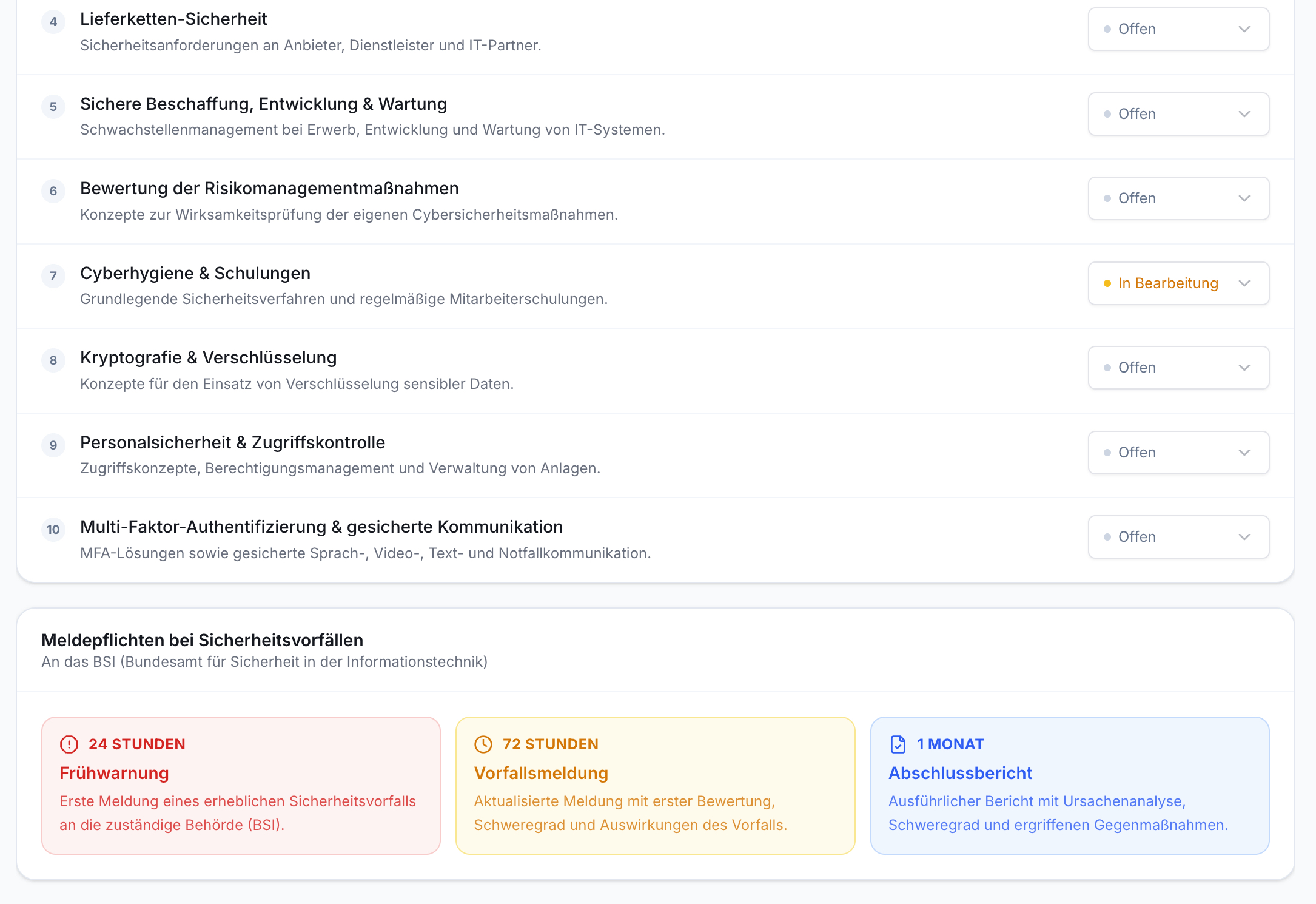 Screenshot der NIS2/IT-Sicherheitsfunktion. Eine Liste mit 7 Sicherheitsbereichen, deren Status (Offen/In Bearbeitung) und 3 Felder zu Meldepflichtfristen.