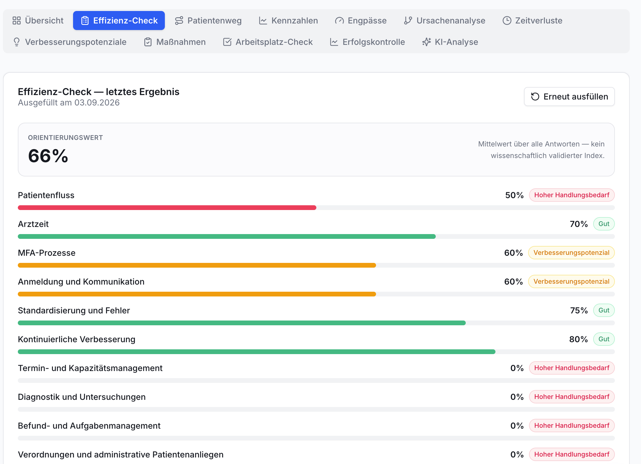 Screenshot Effizienz-Check. Orientierungswert 66%. 10 Prozesskategorien mit Werten, Balken und Status (Handlungsbedarf, Gut). Button Erneut ausfüllen.