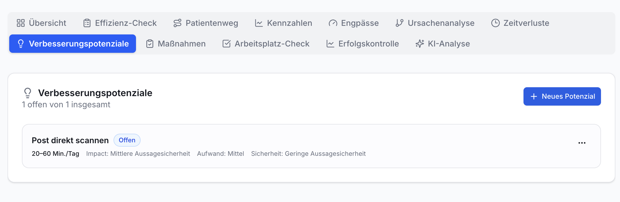 Reiter Verbesserungspotenziale aktiv. Listet 1 offenes Potenzial Post direkt scannen mit Detailangaben. Button + Neues Potenzial.